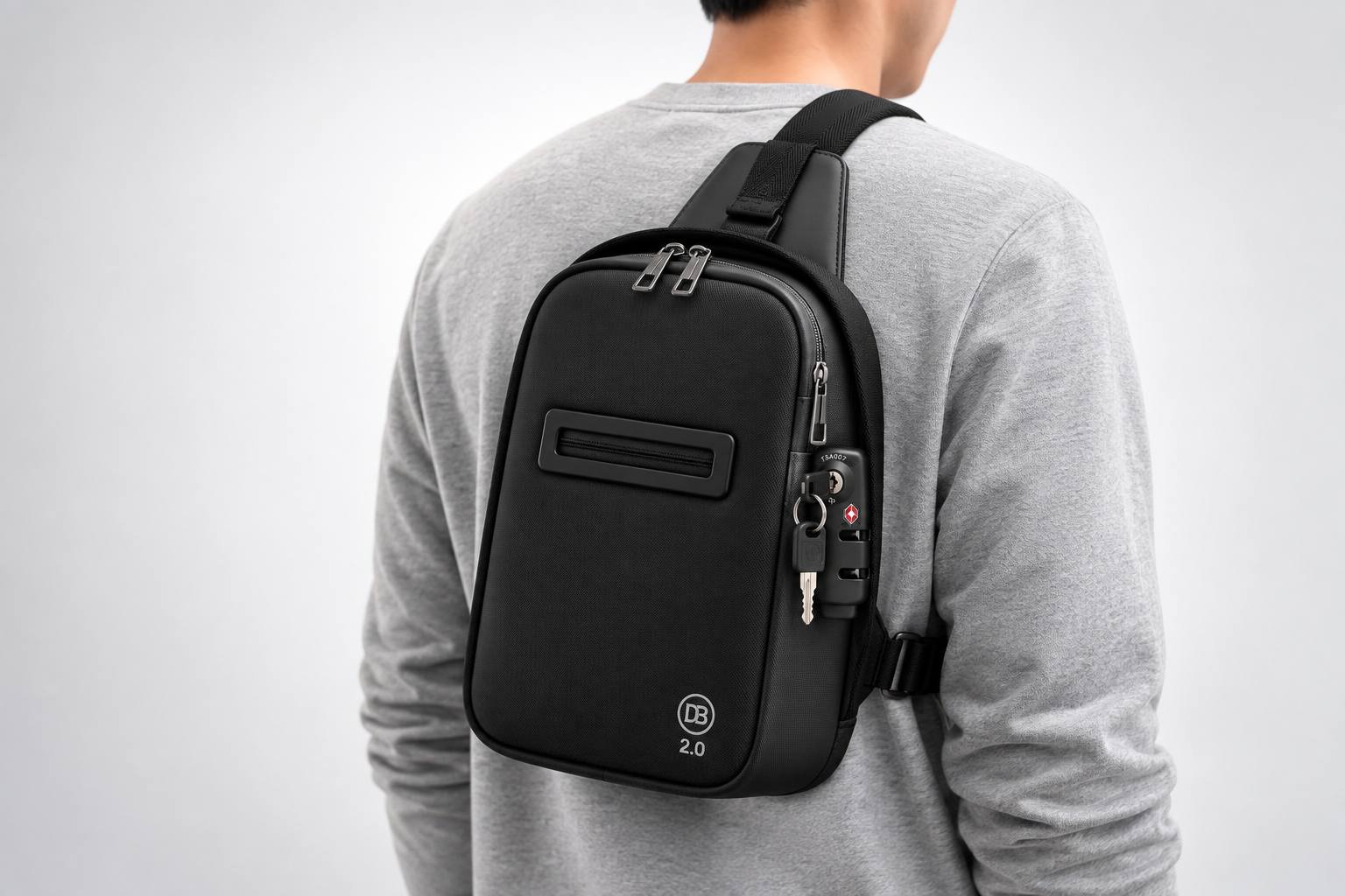 DropBag 2.0 worn over the shoulder, showing the cash slot and side key lock