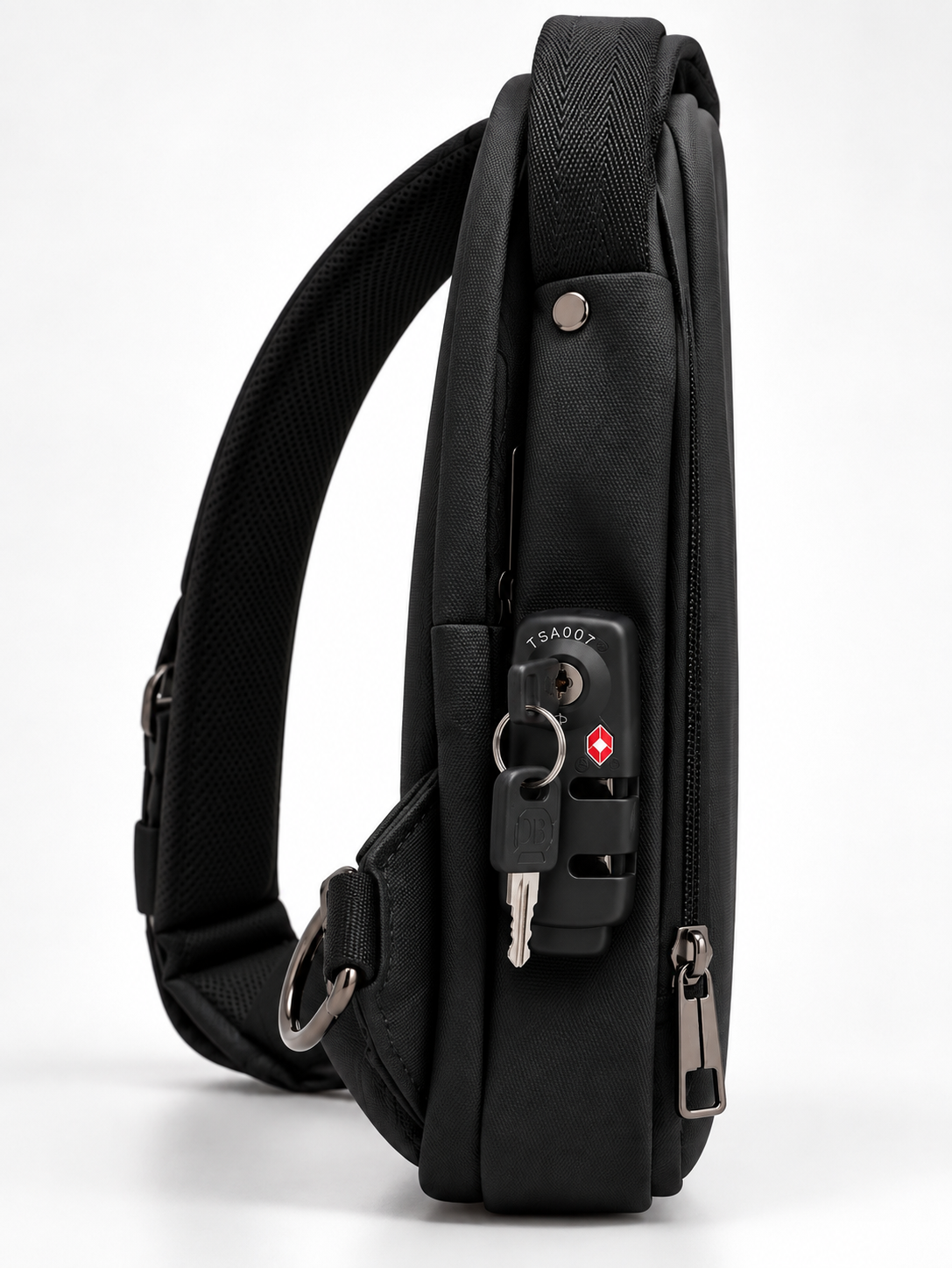 Side profile of DropBag 2.0 showing the key lock and zipper closure