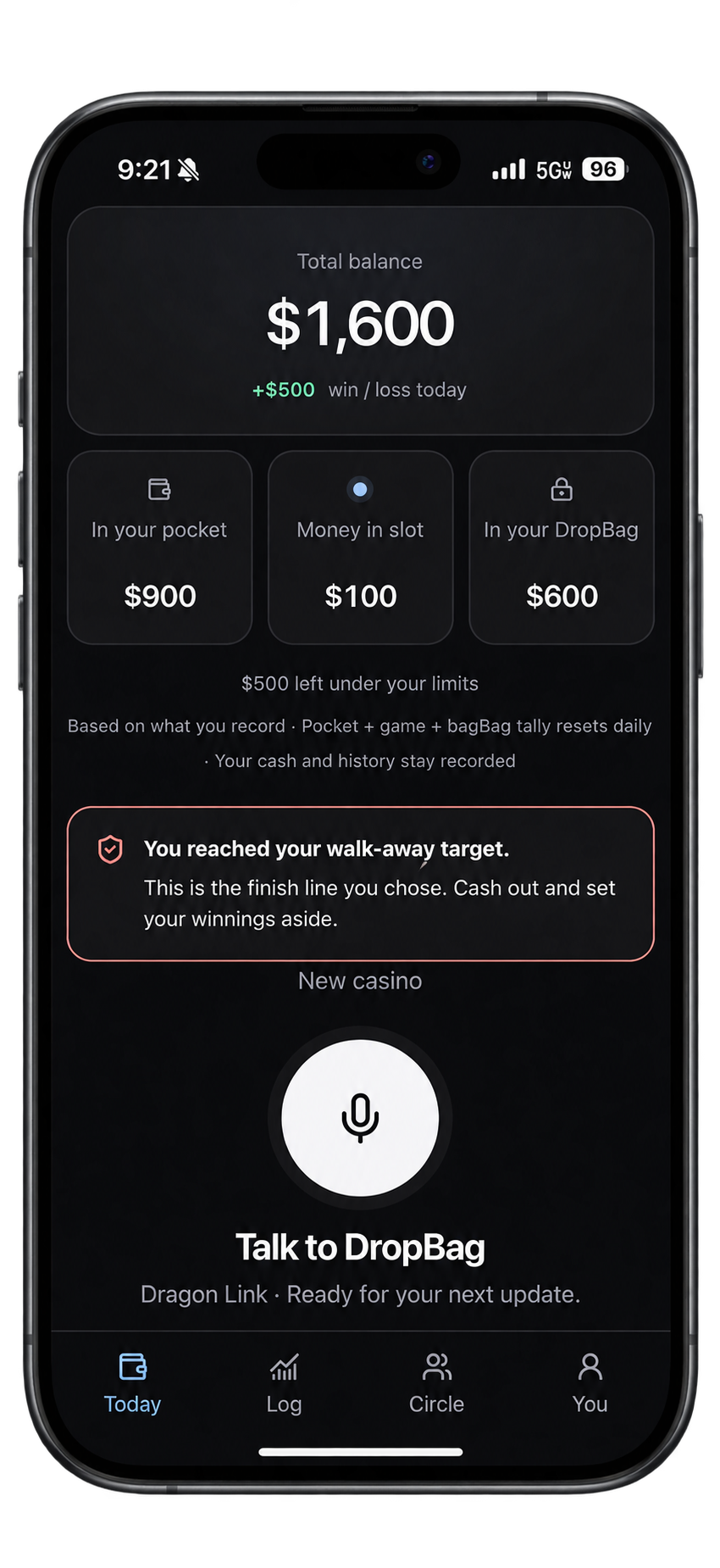 DropBag tracker on an iPhone, showing pocket, game and bag balances